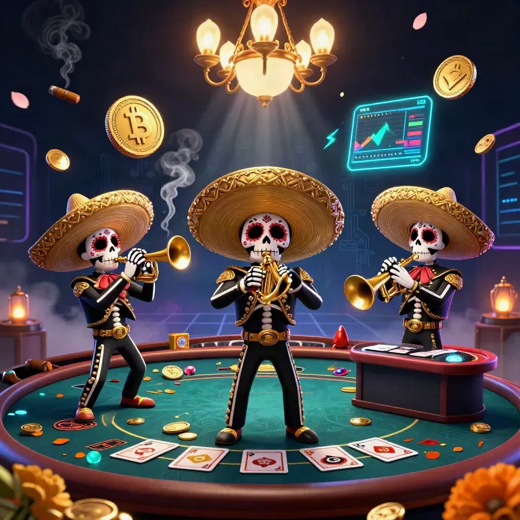 Day-of-the-Dead skeleton mariachi trio amid neon crypto coins in a luxe casino room