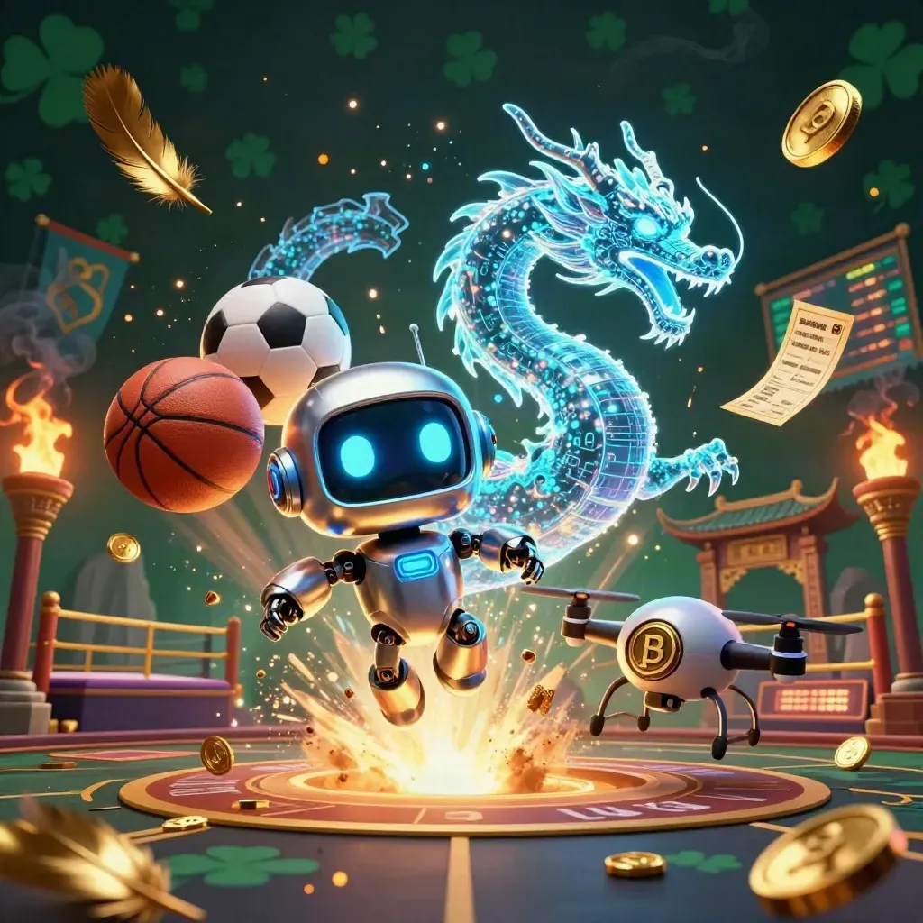 Chrome robot, holographic dragon and coin drone amid balls, coins, temple gate and sparks.
