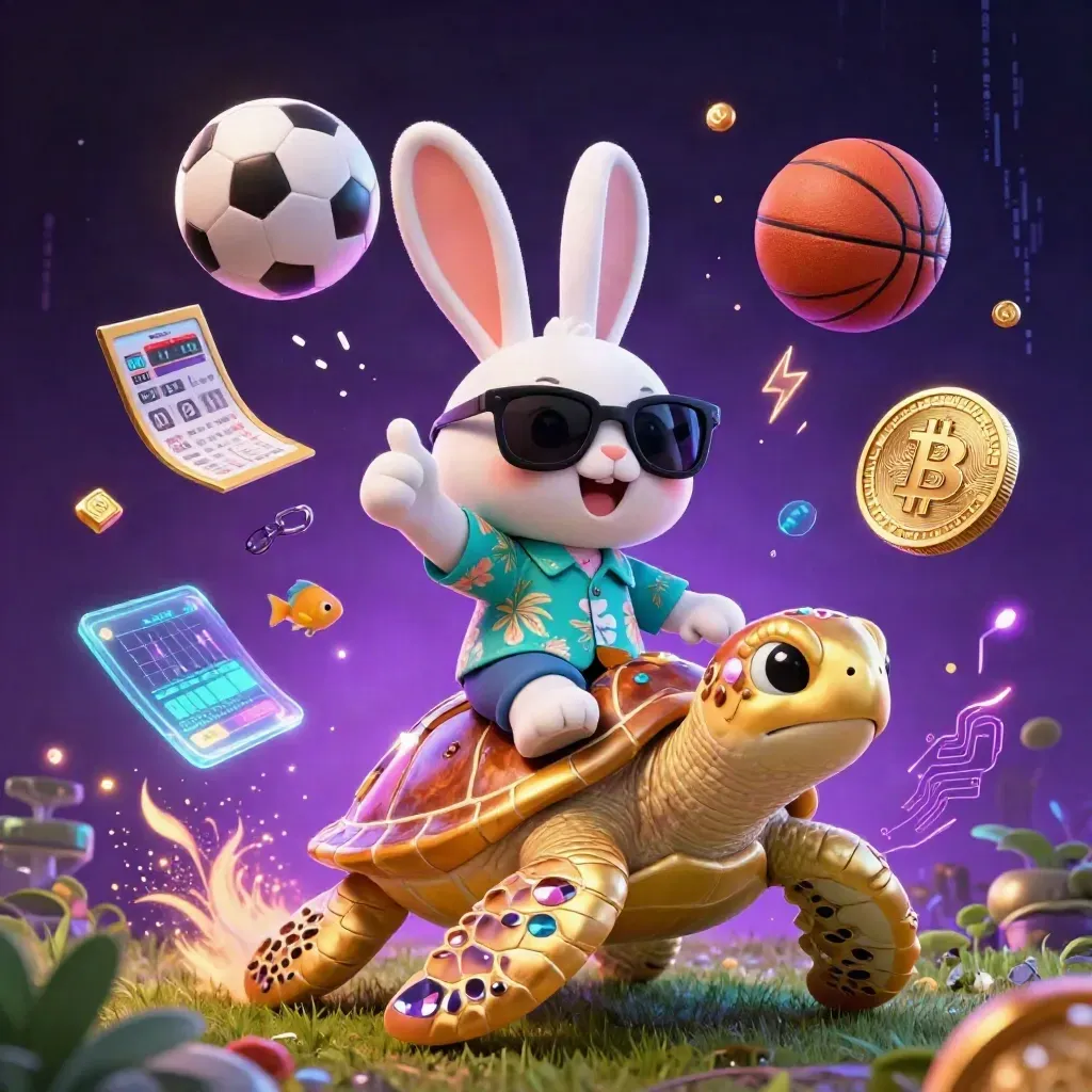 Lucky rabbit on a golden turtle amid neon coins, sports balls, and electric casino effects.
