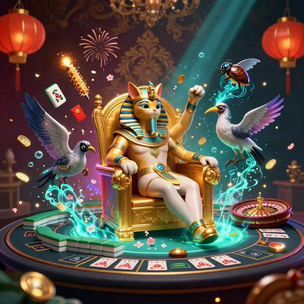 Pharaoh cat on a throne with ibis scribe, scarabs, casino treasures, and glowing teal-gold lights.
