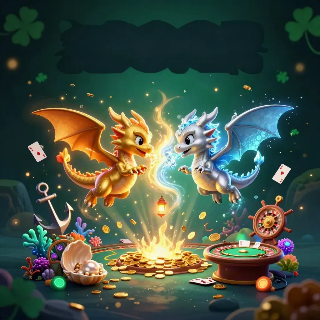 Twin gold and silver dragons swirl in fire and ice above a treasure cove.