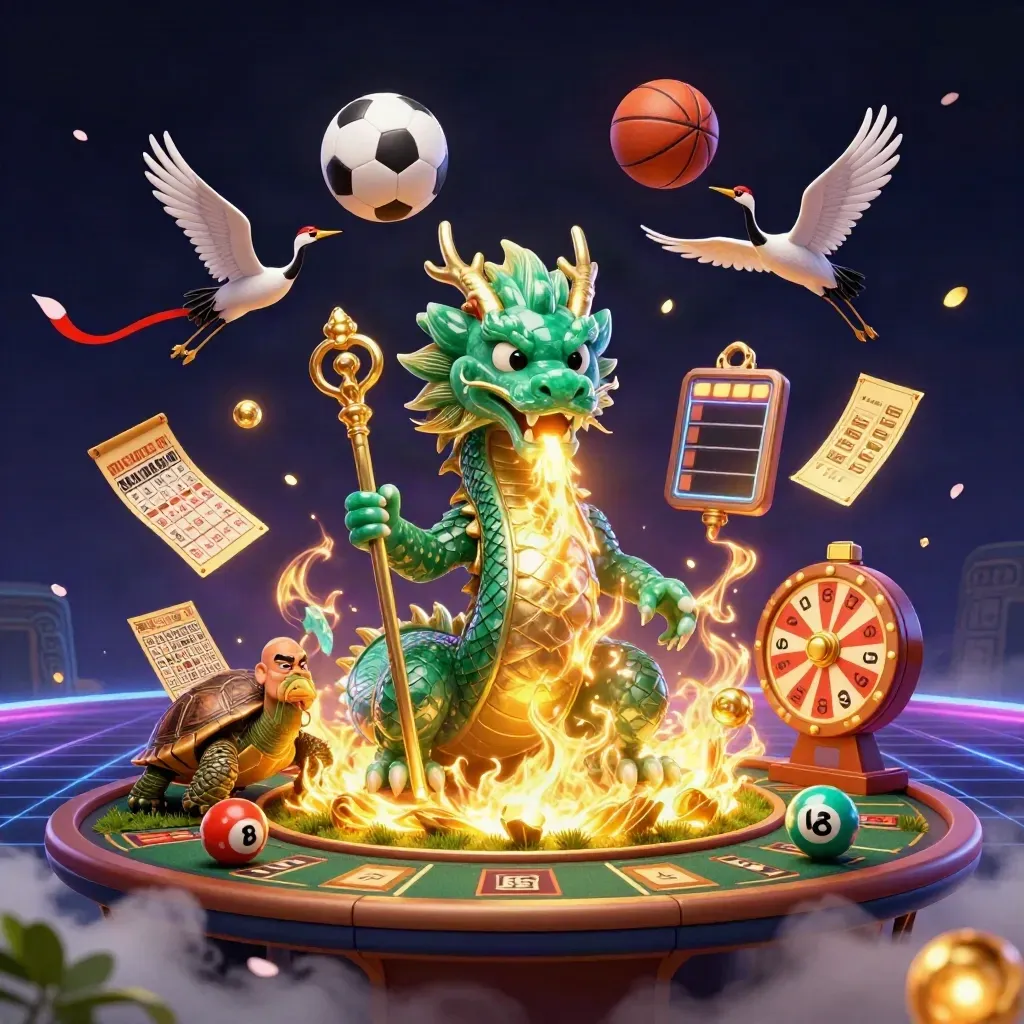 Emerald dragon, turtle sage and cranes amid sports balls, lottery props and neon casino fire.