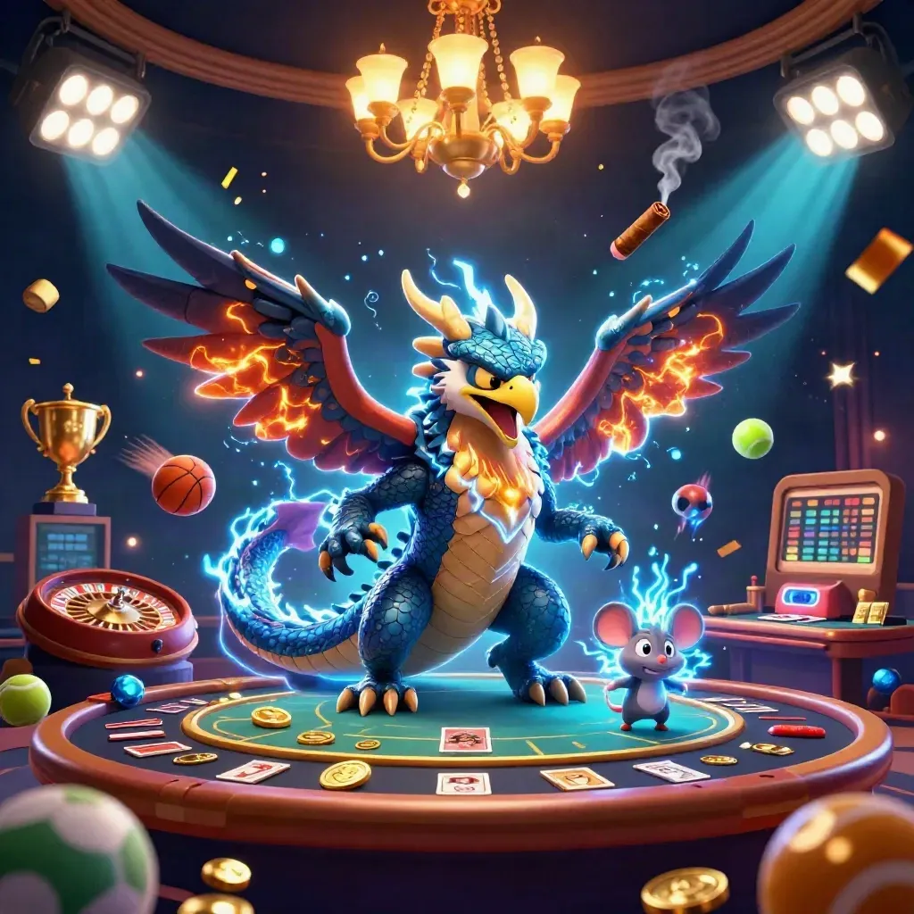 Thunder dragon, wind hawk and static mouse amid casino lights, roulette and flying sports balls.