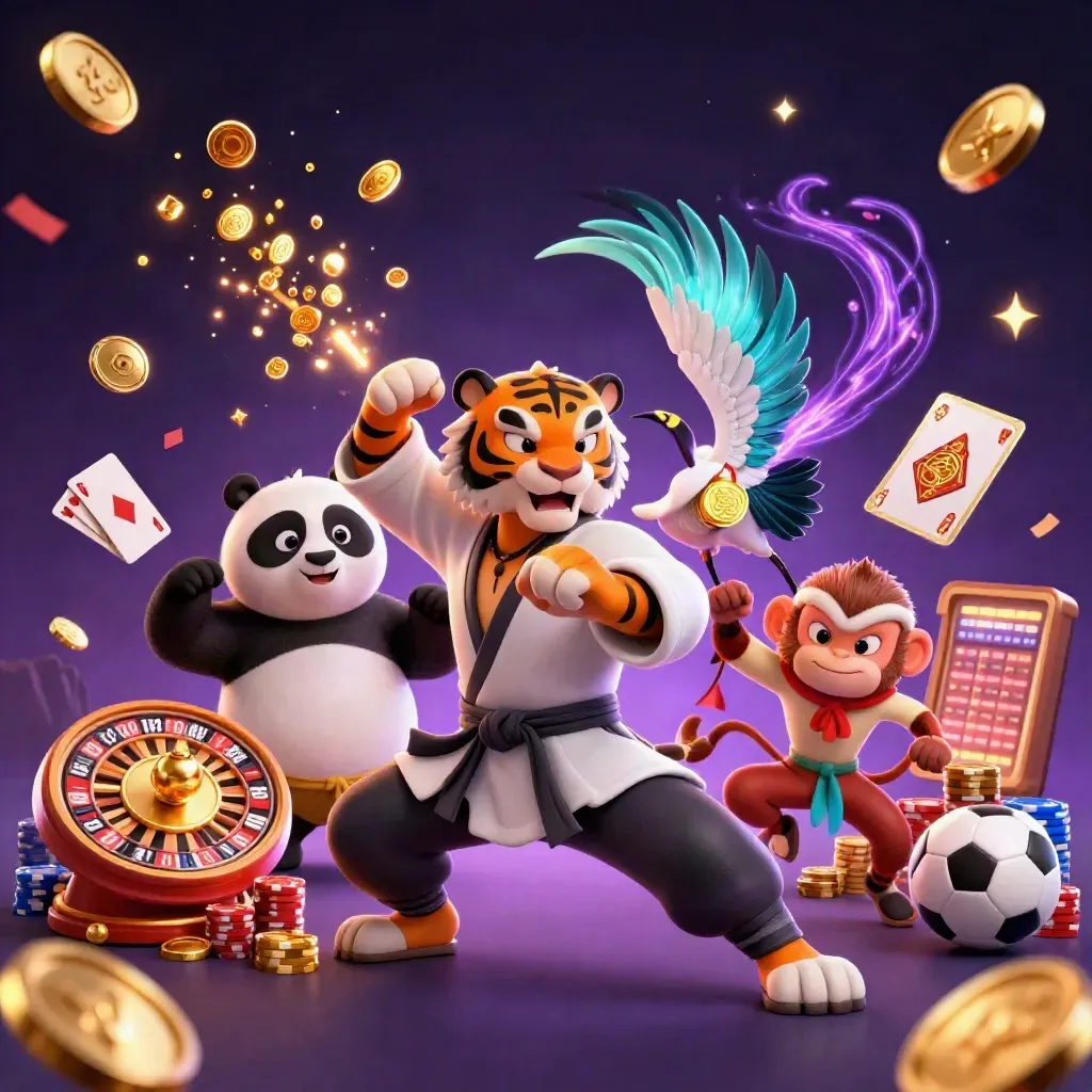 Kung-fu tiger, panda, and monkey amid casino riches, glowing effects, and cosmic purple backdrop.