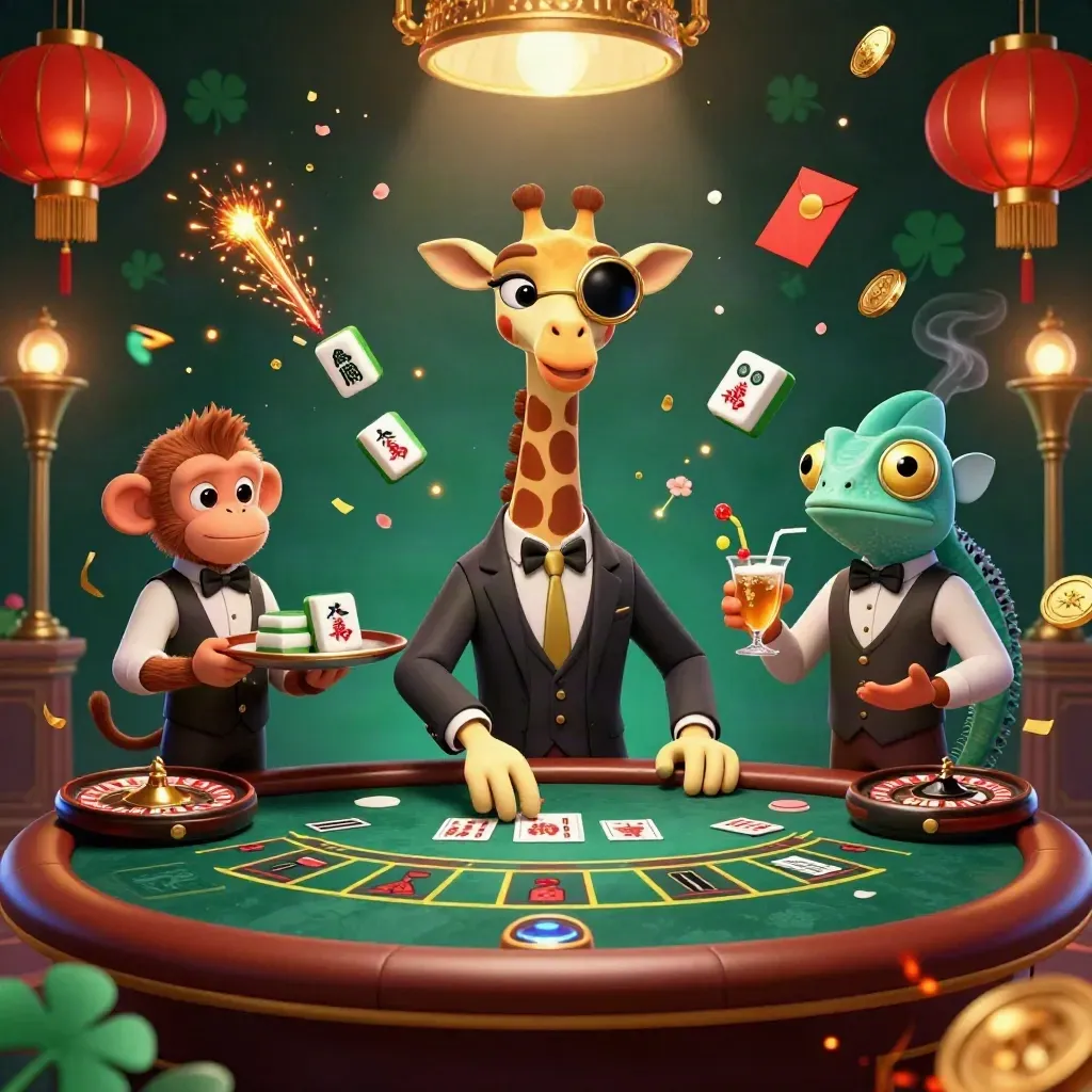Giraffe, monkey and chameleon in a luxe casino scene with glowing jade coins and lanterns.