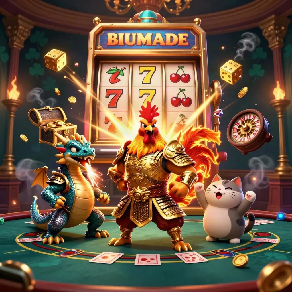 Rooster warrior, dragon hatchling, and fortune-cat amid casino sparks, slots, dice, and luxe brass glow