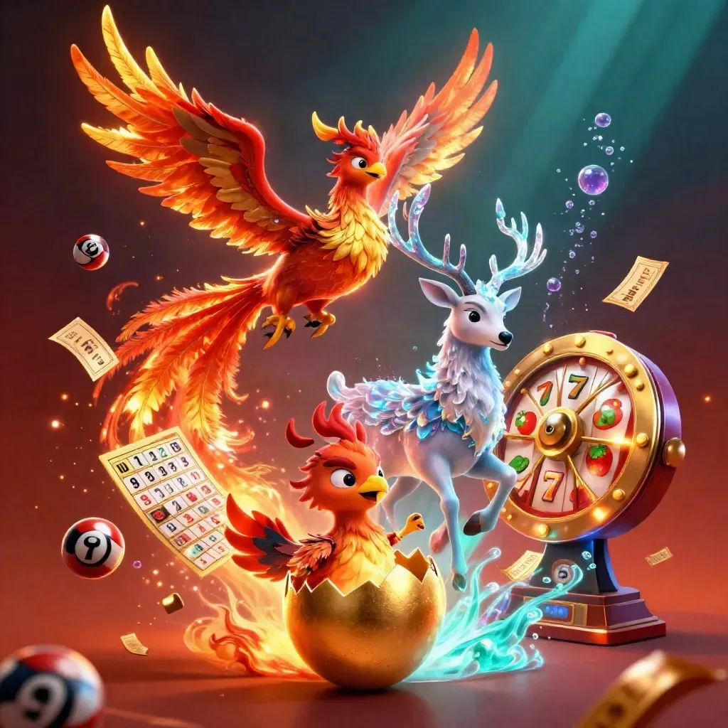 Phoenix, hatching chick, and crystal stag amid casino bursts on a fiery neon backdrop.
