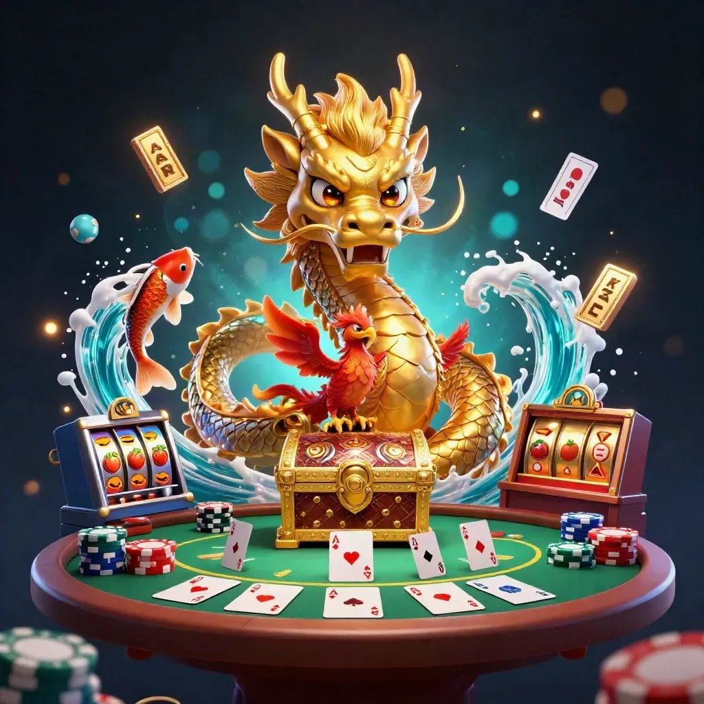 Golden dragon, phoenix, and koi erupt around a treasure chest in a neon casino blast.