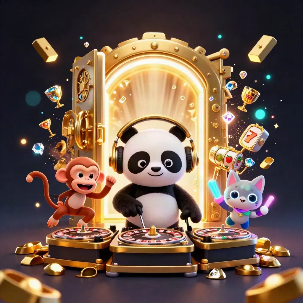 DJ panda, dancing monkey and neon kitten burst from a gold vault in a luxury casino splash scene