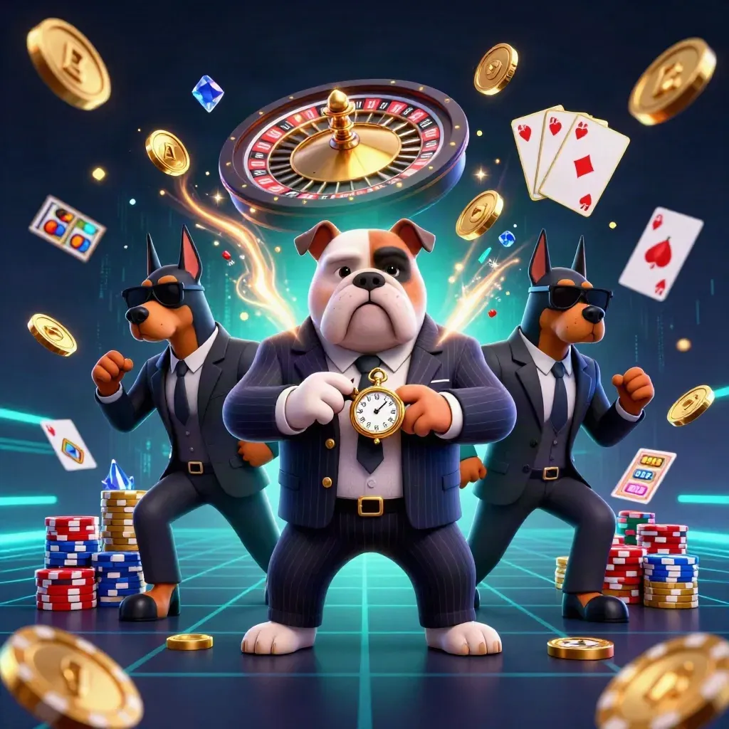 Bulldog boss and two Dobermans amid coins, gems, chips, roulette, and neon casino effects