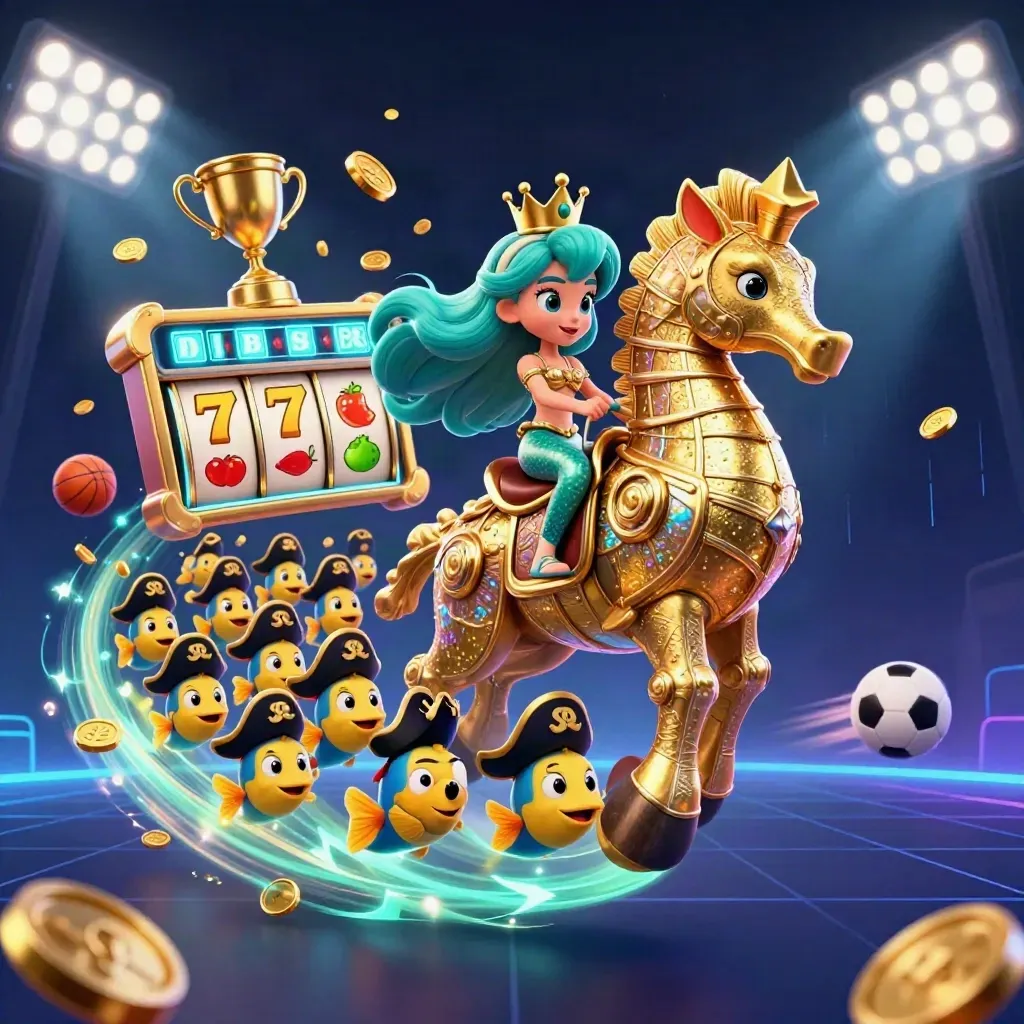 Mermaid princess rides a gold-armored seahorse amid casino loot, balls, coins and teal lightning.