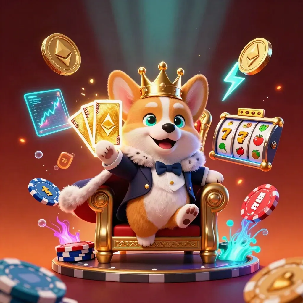 Royal corgi and cat butler burst with crypto coins and neon casino effects.