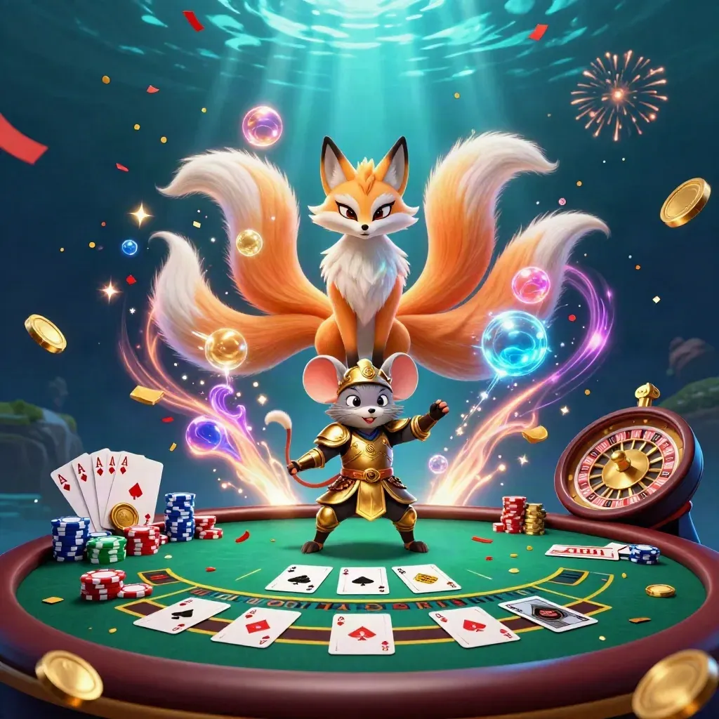 Nine-tailed fox spirit and samurai mouse amid casino cards, chips, coins, and fireworks.