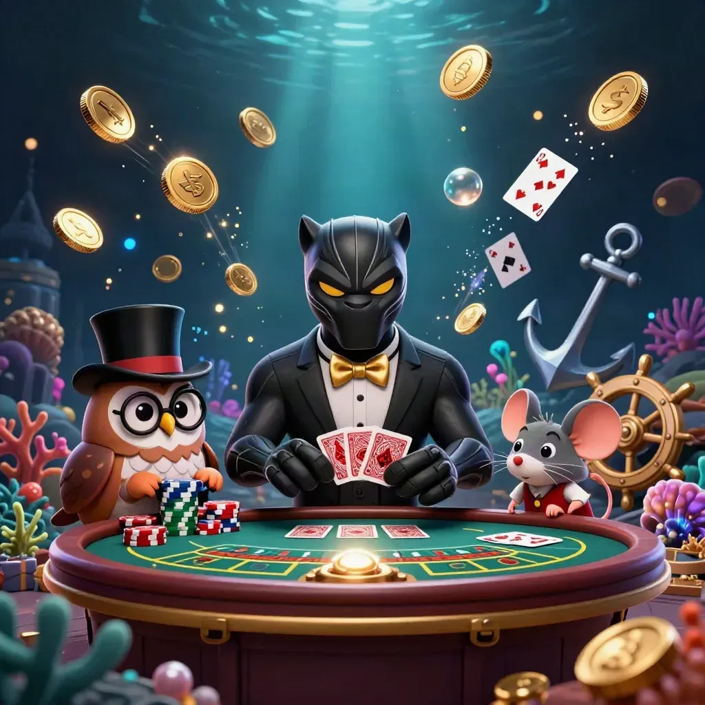 Panther, owl, and mouse amid coins, coral, cards, and glowing casino magic.