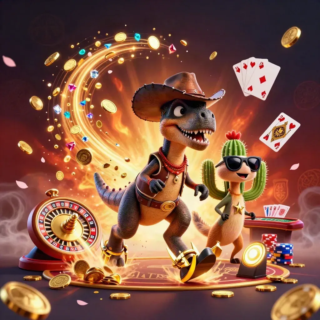 Cowboy T-Rex, cactus sidekick and roadrunner amid casino coins, chips and a spinning roulette wheel.
