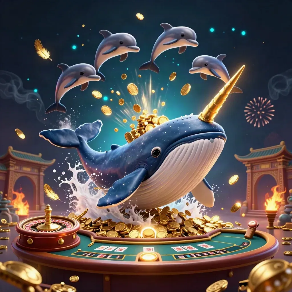 Whale, narwhal, and dolphins burst through coins with casino symbols and fireworks.