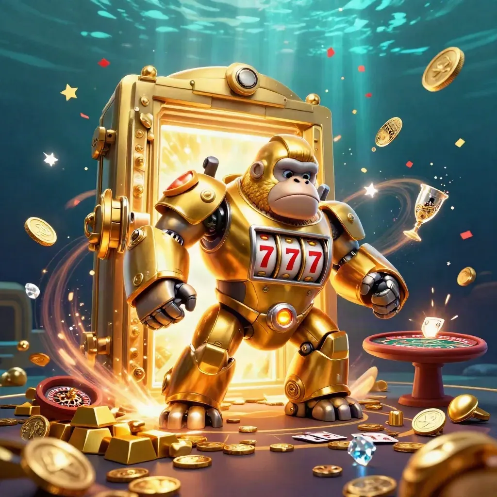 Golden gorilla mech with monkey pilot, vault burst, coins, roulette, teal-blue casino glow.