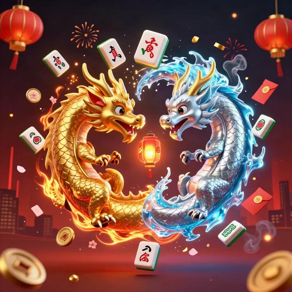 Gold and silver dragons swirl around a glowing lantern spirit amid casino symbols and teal-gold effects.