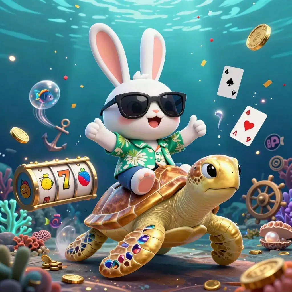 Lucky rabbit rides a jeweled sea turtle amid coins, fish, reels, and underwater treasure glow.