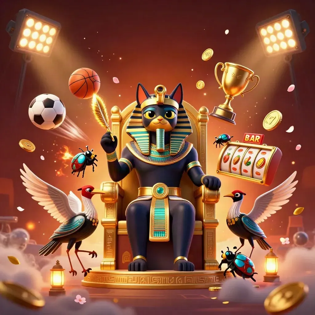 Pharaoh cat on throne with ibis scribe, scarab beetles, and casino sports symbols exploding around.