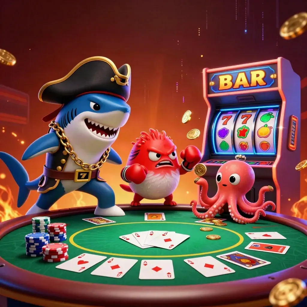 Pirate shark, boxing pufferfish, and juggling octopus amid glowing casino chips and slot symbols.