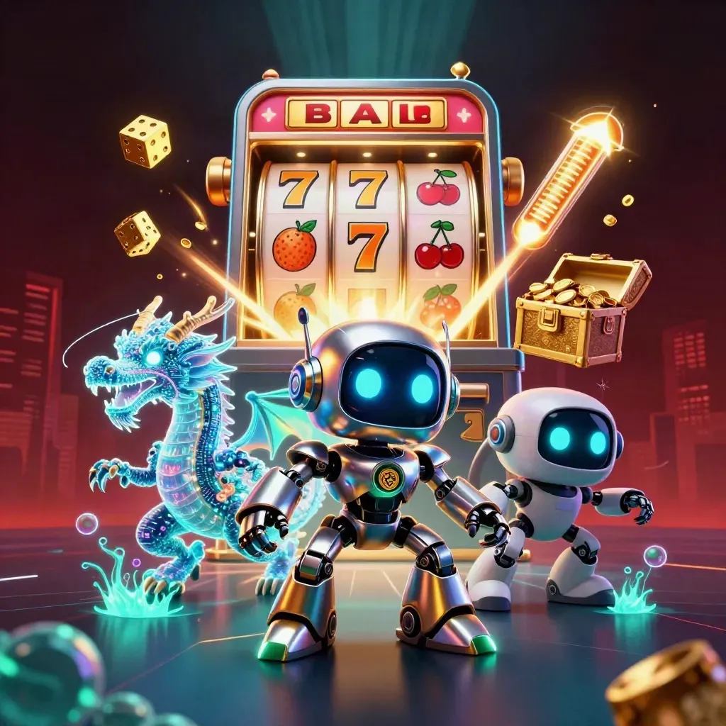 Cyberpunk robot, holographic dragon, and coin drone amid slot bursts, gold, teal, and red glow.
