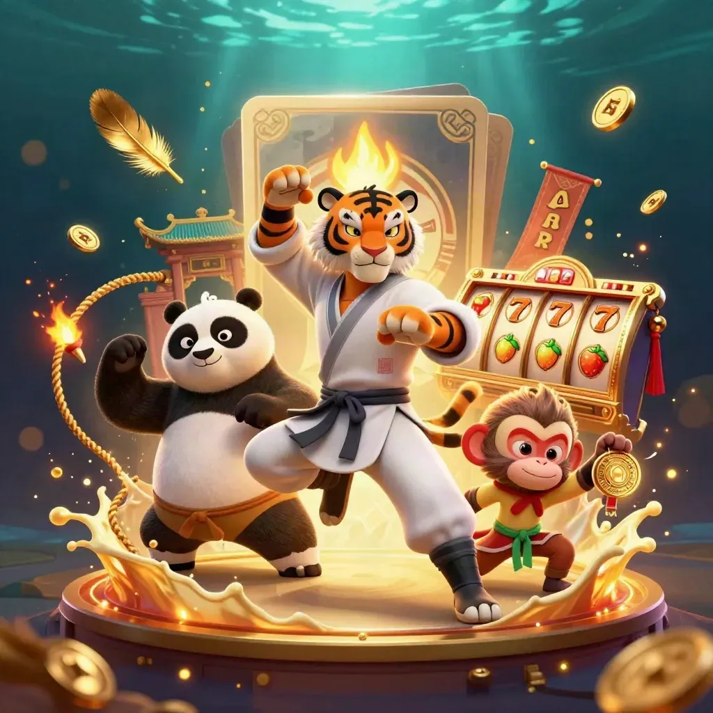 Kung-fu tiger, panda, and monkey in a casino fantasy with coins, reels, and torchlight.