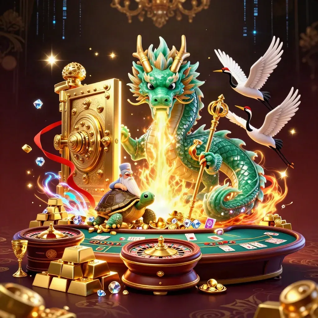 Dragon, turtle sage, and cranes erupt from a golden vault amid casino lights.
