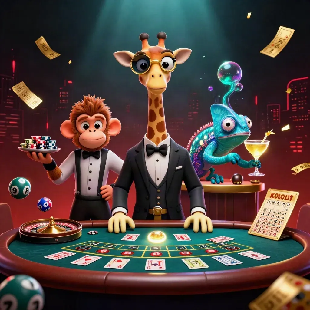 Giraffe, monkey and chameleon at a glowing VIP casino table with cards, wheels and jackpot sparks.